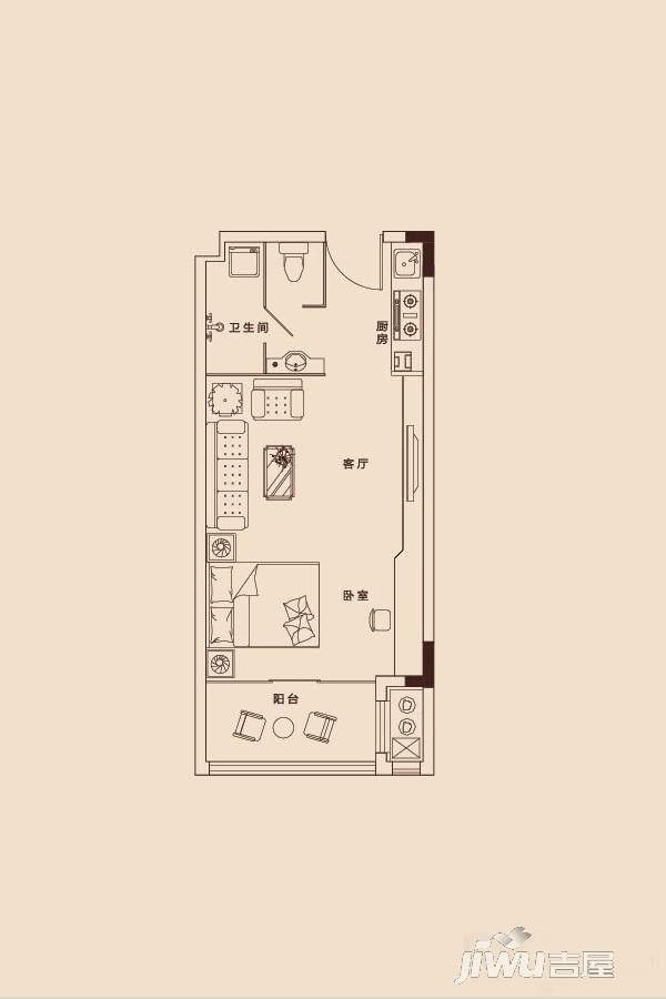 威海银丰国际公寓1室1厅1卫47.5㎡户型图