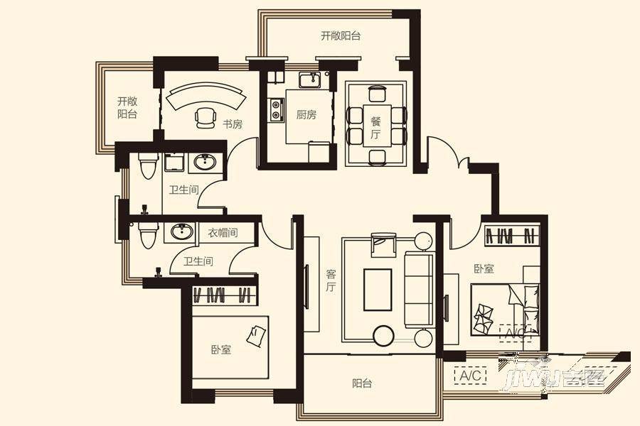 威高万和花园3室2厅2卫140.4㎡户型图