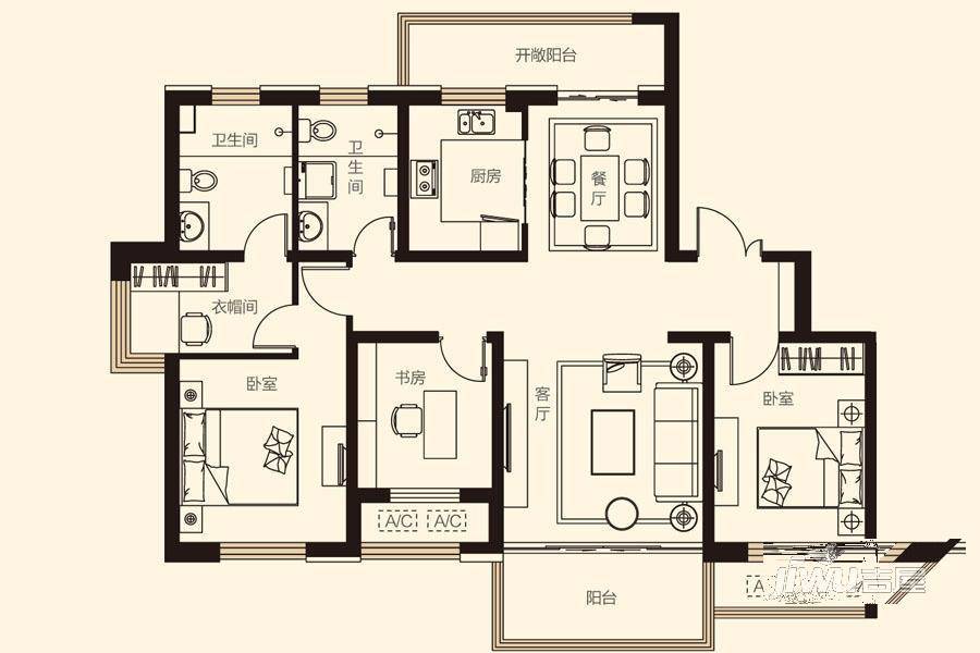 威高万和花园3室2厅2卫150.6㎡户型图