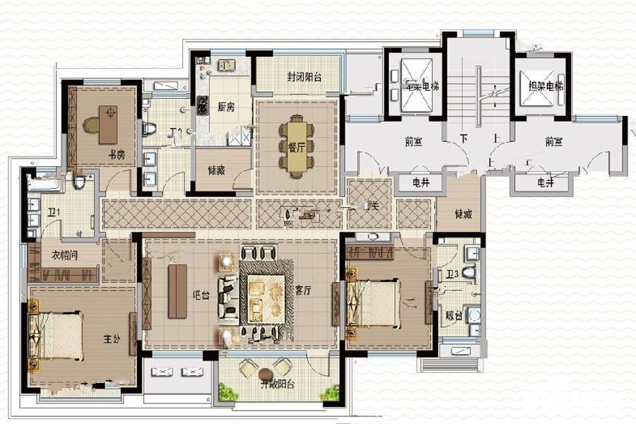 五渚河生态城盘福园3室2厅3卫225.1㎡户型图