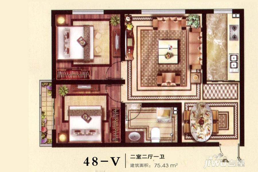 河湟小镇二期2室2厅1卫75.4㎡户型图