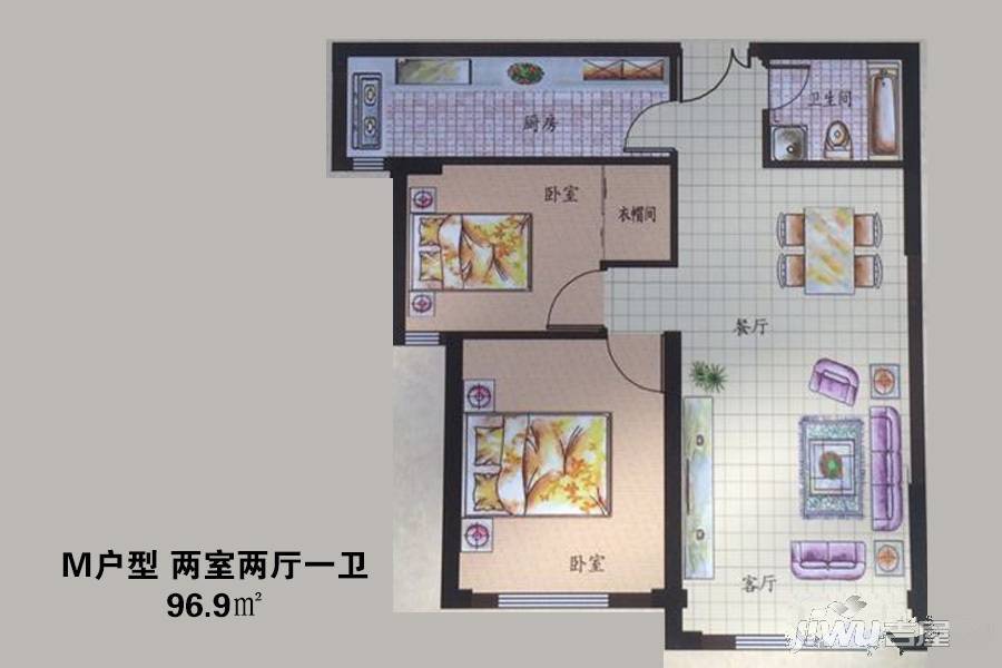 三园新城佳苑2室2厅1卫96.9㎡户型图