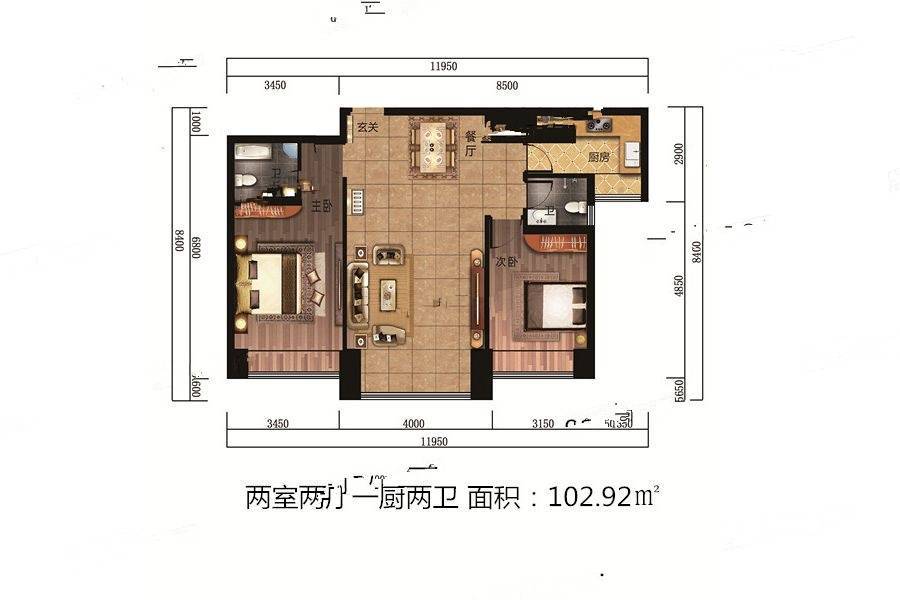 景悦湟水湾2室2厅2卫102.9㎡户型图