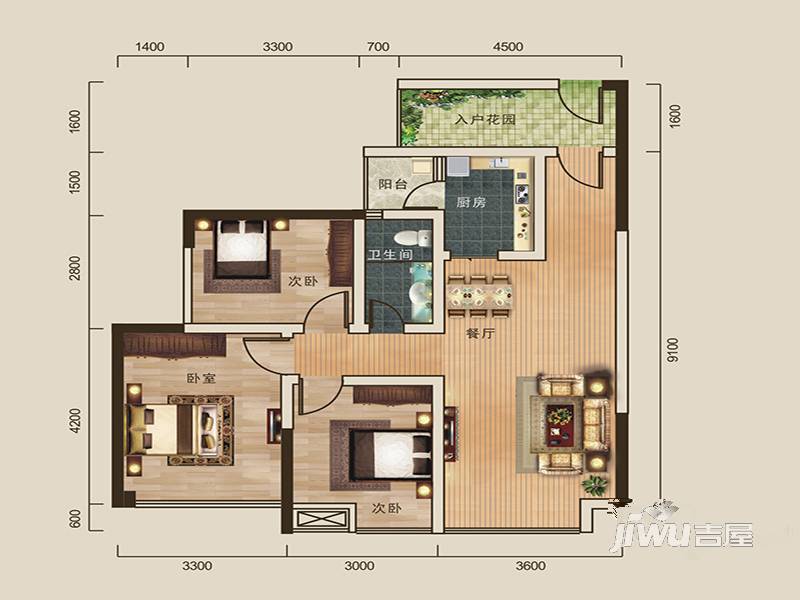 寅吾伊顿公馆3室2厅1卫79.7㎡户型图