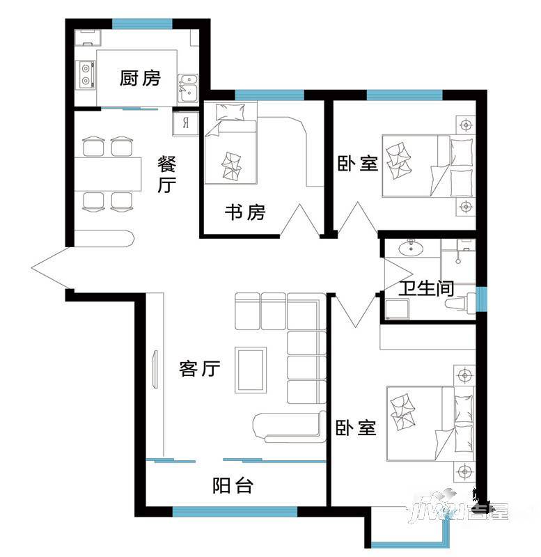 红宝锦秀河畔3室2厅1卫116.8㎡户型图