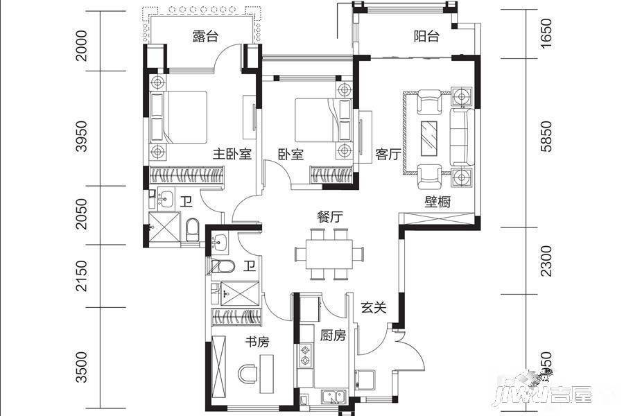 恒大御景半岛2室2厅1卫85㎡户型图