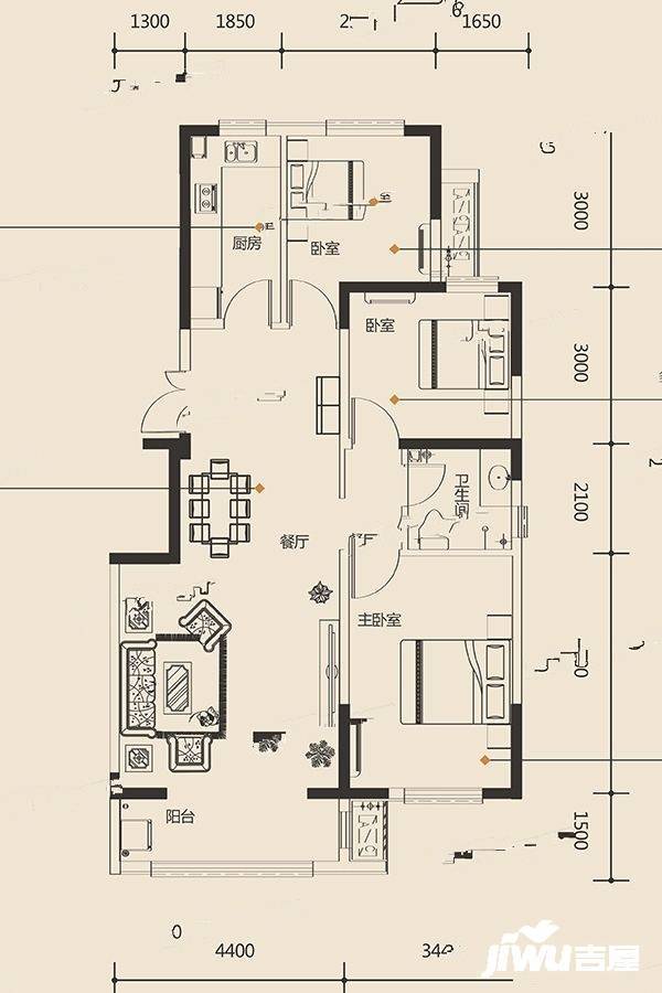 民生悦兰园3室2厅1卫112㎡户型图