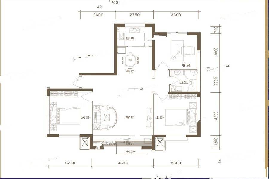 未来城3室2厅1卫118.3㎡户型图