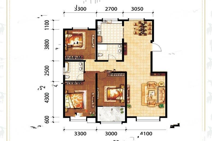 鹿先生的洋房三期3室2厅2卫128.8㎡户型图