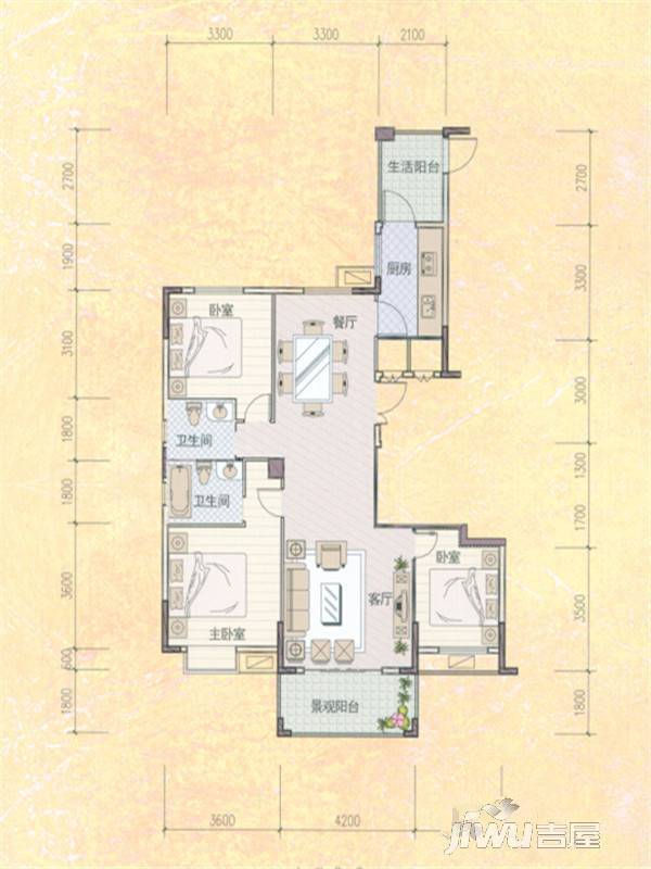 民院学府3室2厅2卫125.5㎡户型图