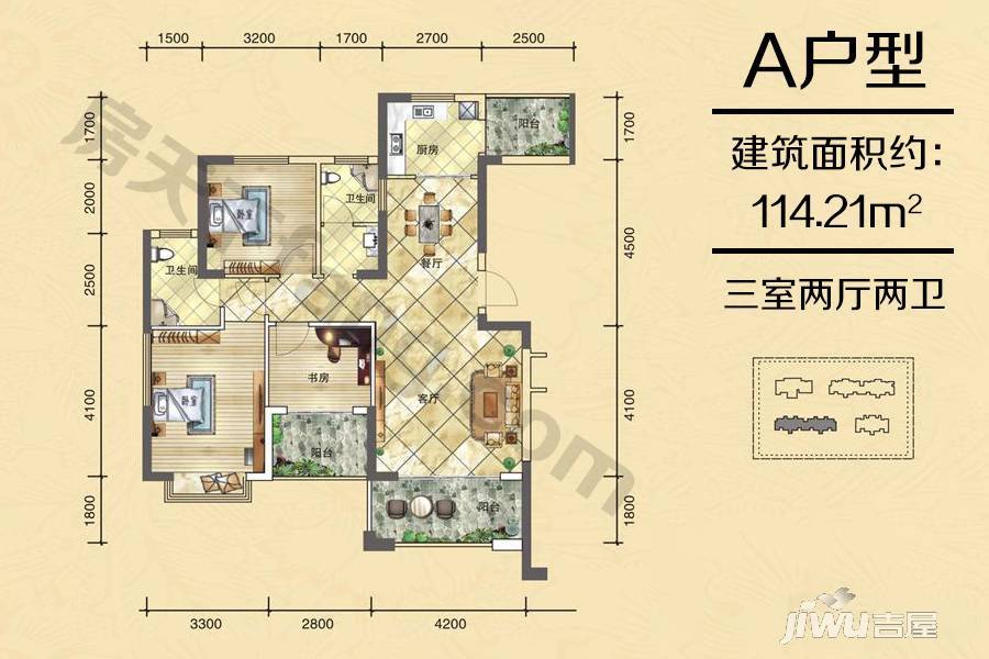 雅典君交花园3室2厅2卫114.2㎡户型图