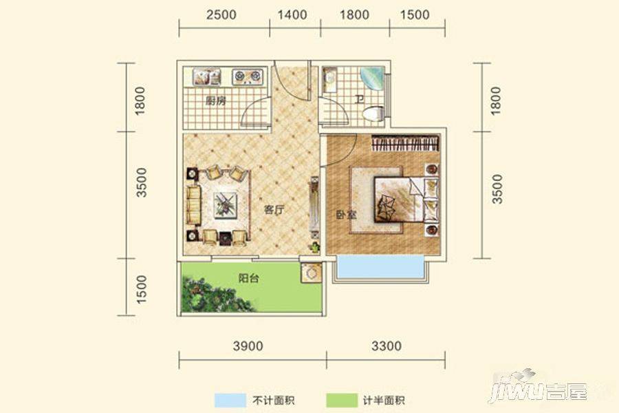 玉鑫巴陵星城1室1厅1卫52㎡户型图