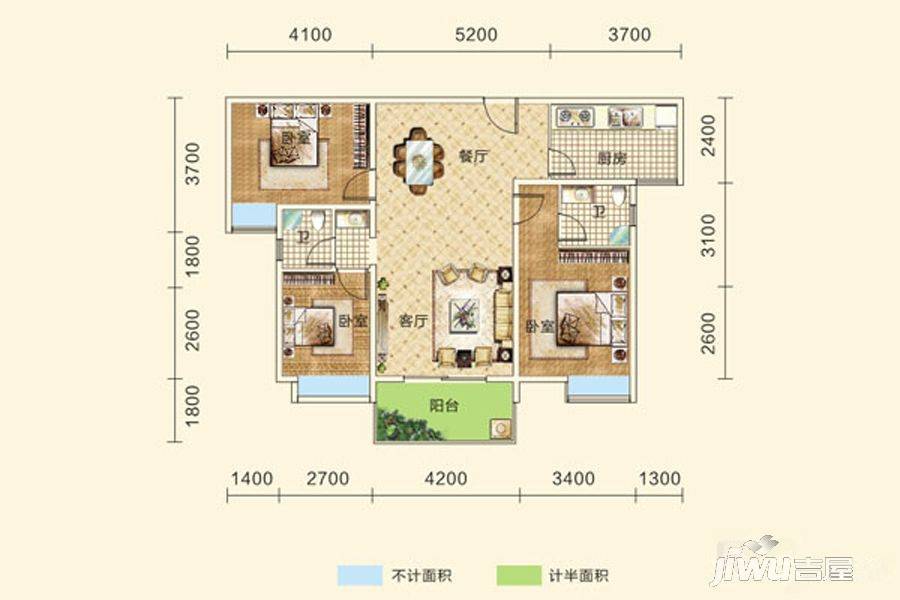 玉鑫巴陵星城3室2厅2卫118㎡户型图