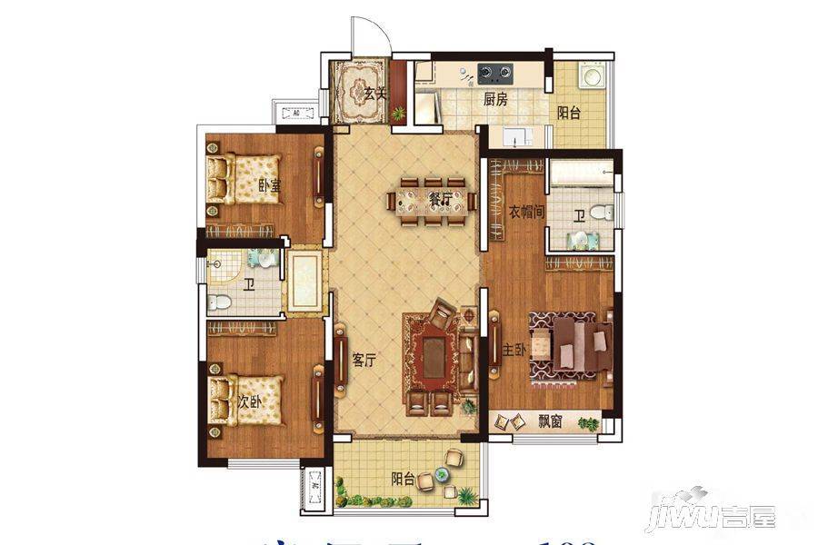 美的梧桐庄园3室2厅2卫108㎡户型图