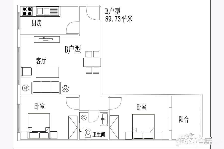 云锦台（黄帝城小镇）2室2厅1卫89.7㎡户型图