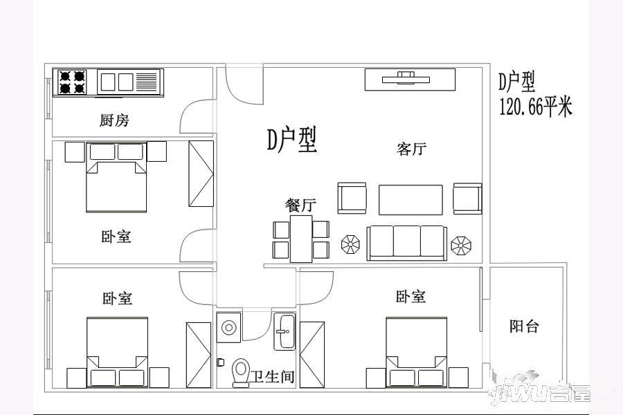 云锦台（黄帝城小镇）3室2厅1卫120.7㎡户型图