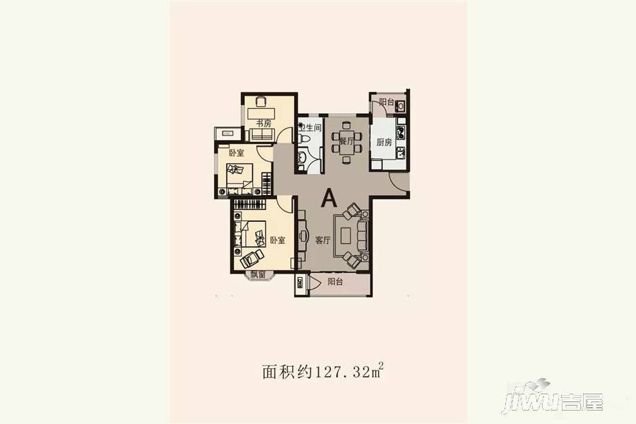 枫墅小镇3室2厅1卫127.3㎡户型图