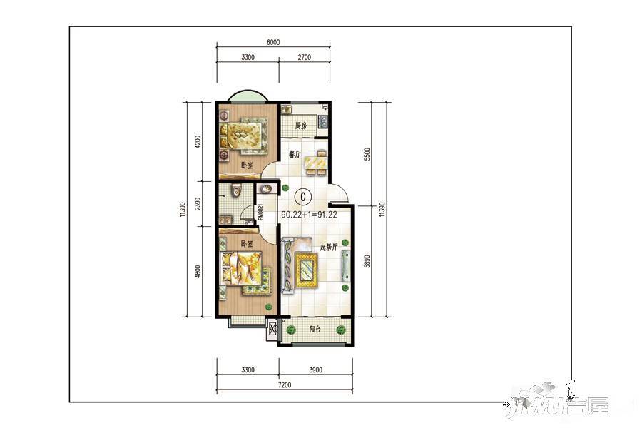 林里嘉苑二期2室2厅1卫91.2㎡户型图