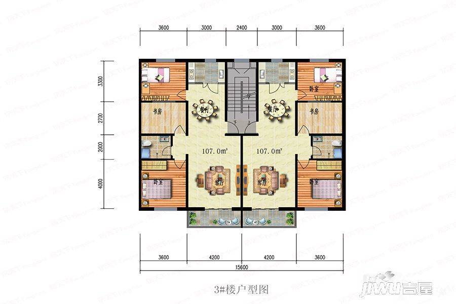 北国小镇3室2厅1卫107㎡户型图