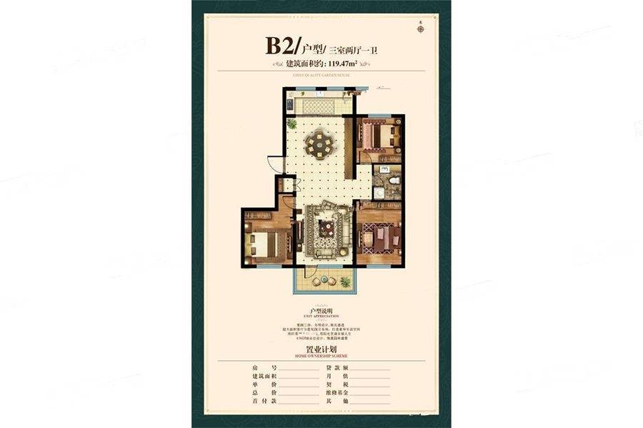 开元万和新城3室2厅1卫119.5㎡户型图